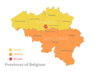 Naklejka premium Belgium map, Provinces of Belgium, separates regions and names, color map isolated on white background vector