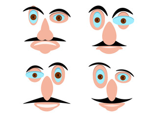 Faces of men with mustaches in cartoon style. Set of faces with expressive emotions. Contemporary portrait. Vector illustration