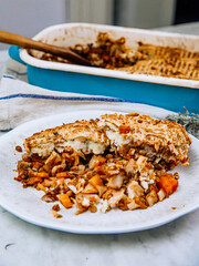 English cuisine Sheperd's pie with potato vegetables and  lentils