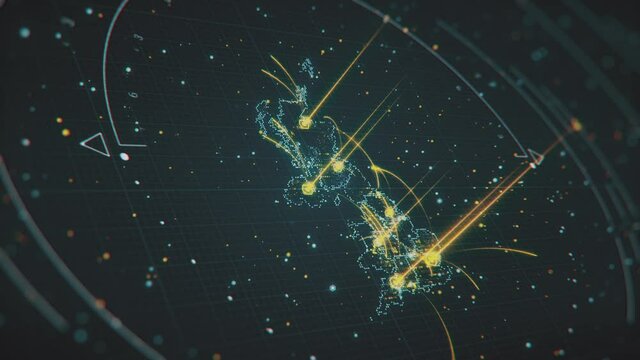 Flashing highlighted United Kingdom Map with glowing areas and interstate light connections. Scanning of Great Britain through hi-tech futuristic sight and visuals with connecting light points and lin