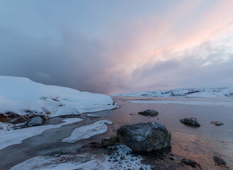 Sunrise on the Barents Sea. Murmansk region. Russia