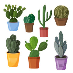 A set of cacti in pots. Vector image in a flat style. A colorful collection of indoor cacti.