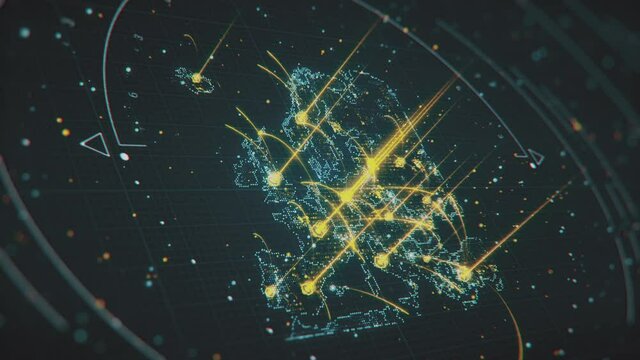 Flashing highlighted Europe Map with glowing areas and interstate light connections. Scanning of Europe Map through hi-tech futuristic sight and visuals with connecting light points and lines.