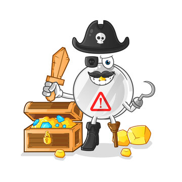 warning sign pirate with treasure mascot. cartoon vector