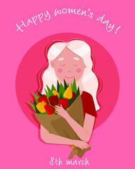 International Women's Day. March 8. Pretty girl with a bouquet of tulips. For postcards, header, apps, banner, landing page