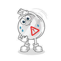 warning sign stretching character. cartoon mascot vector