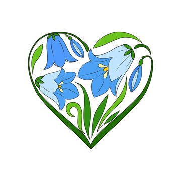 Heart shaped bouquet of spring blue bells, isolated on white background.