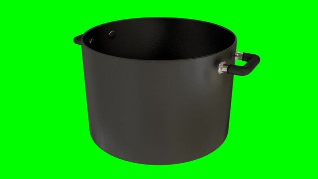 Animated spinning very large non stick or cast iron stock or soup pot with flat bottom and no lid and against green background.