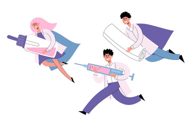 Vector set of doctors with bandage, vaccine, nose drops