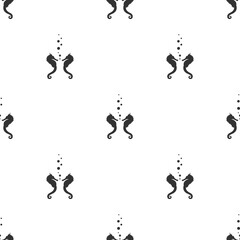 Seamless pattern with black sea-horse or hippocampus on white background.
