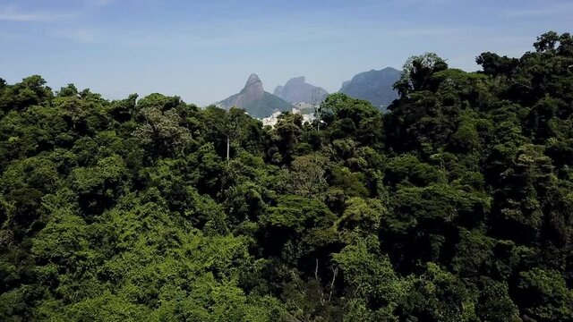 Aerial drone revealing shot of city of Rio de Janeiro from behind the rain forest with Ipanema Beach and Lagoa Rodrigo de Freitas on a nice sunny day