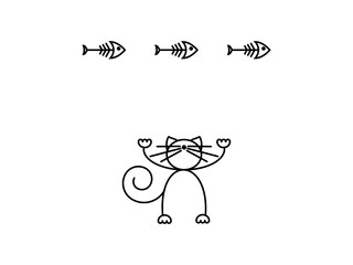 Cat Print. Funny kitten playing with a fish. Minimalist Art.