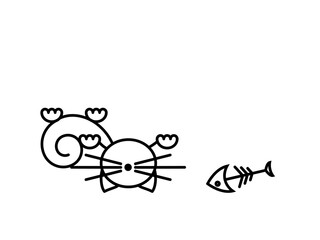 Cat Print. Funny kitten playing with a fish. Minimalist Art.
