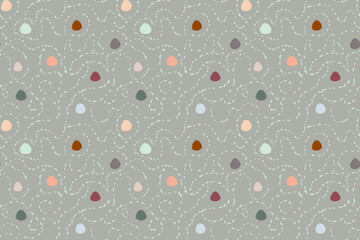 seamless gray polka dot background with multicolored circles and dots hand-drawn