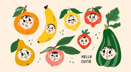 Various joyful Fruits and Vegetable with human faces. Calmness and happiness emotions. Cute funny characters. Cartoon style. Hand drawn colored Vector illustration. All elements are isolated