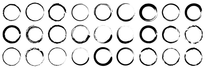 Set of grunge circles. Abstract black paint brushstroke circles pack.Set of vector black circles. Black spots on white background isolated. Vector illustration.