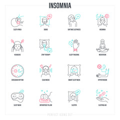 Insomnia set. Methods of prevention: sleep apnea, CPAP therapy, orthopedic pillow, sleep mask, pills, circadian rhythm, calm music, smart sleep mask, meditation. Thin line icons. Vector illustration.