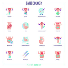 Gynecology flat gradient icons set. Ultrasound, check up, artificial fertilization, pregnancy, fetus, gynecological surgery, menstruation, cesarian section, pregnancy test. Vector illustration. - obrazy, fototapety, plakaty