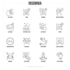 Insomnia set. Methods of prevention: sleep apnea, CPAP therapy, orthopedic pillow, sleep mask, pills, circadian rhythm, calm music, hypertension. Thin line icons. Vector illustration.