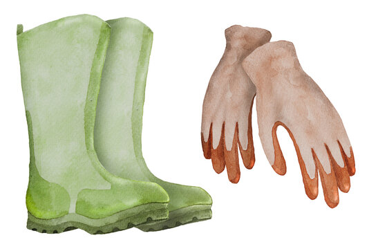 rubber boots and gardening gloves, garden clothes, watercolor