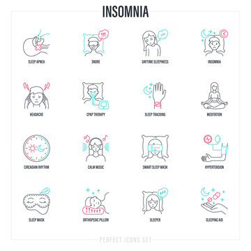 Insomnia set. Methods of prevention: sleep apnea, CPAP therapy, orthopedic pillow, sleep mask, pills, circadian rhythm, calm music, smart sleep mask, meditation. Thin line icons. Vector illustration.