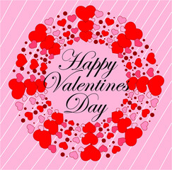 Valentine, pink background with white lines. a circle made of hearts of different sizes and in the center the phrase happy valentines day