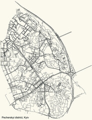 Obraz premium Black simple detailed street roads map on vintage beige background of the neighbourhood Pecherskyi district of Kiev/Kyiv, Ukraine