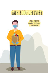 Safe food delivery. Young courier delivering grocery order to the home of customer with mask and gloves during the coronavirus pandemic. Vector illustration isolated on white background