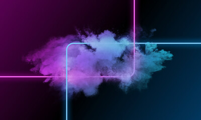 Abstract neon lights tubes with clouds. Modern and futuristic background, wallpaper with glowing colors.
