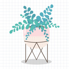 Cute hand-drawn houseplant. Icon of colorful plant in pot on stand holder. Home decoration. Vector illustration in Scandinavian minimalist style.