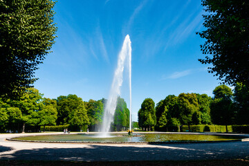 Jet spray water fountain in famous Herrenhausen Baroque Gardens in Hannover Germeny