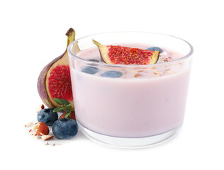 Delicious fig smoothie and ingredients on white background