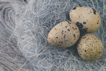 Naklejka na ściany i meble Easter decoration. Quail eggs in a nest on a wooden background