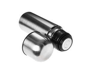 Stainless steel thermos with lid isolated on white