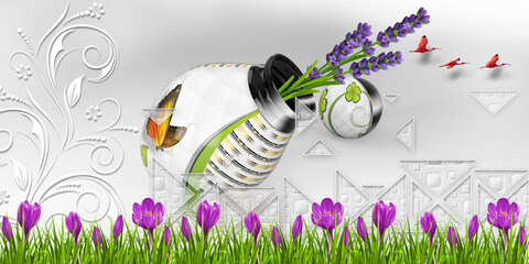 white 3d background with tulip flower and flower pot