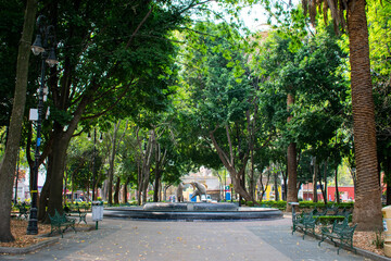 Peaceful park with a fountain and statues in Mexico City