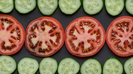 Tomato and cucumbers. Vegetable slices on a black background