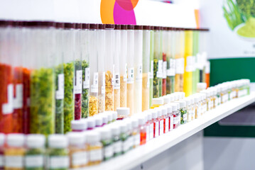 Dried vegetables in glass jars, onions, beets, carrots, pumpkin, bay leaf, banks on wooden background. Superfoods, herbs.