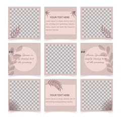 Minimal square template with leaf shadows overlay. Social media post templates set. Minimalist floral background. Usable for social media posts, mobile apps, banners design and web internet ads