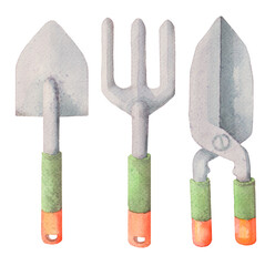 garden tools, shovel, pruner, fork, watercolor
