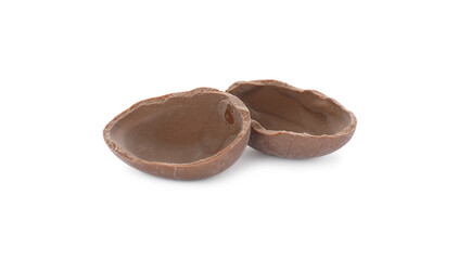 Broken milk chocolate egg on white background