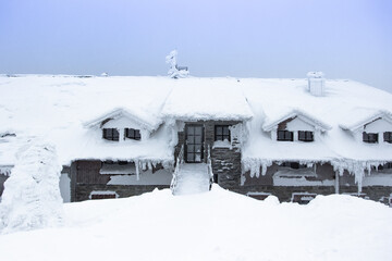 Winter panorama landscape with house under snow.Wonderful winter background of snow and...