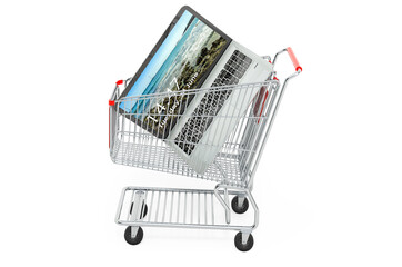 Shopping cart with laptop, 3D rendering