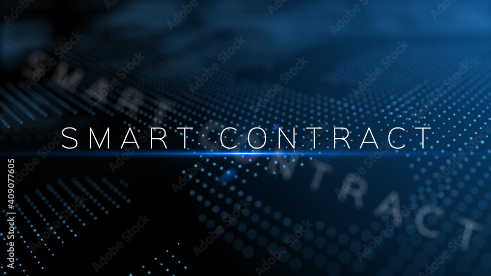 Poster smart contract text word with lens flare and depth of field focus blur modern background