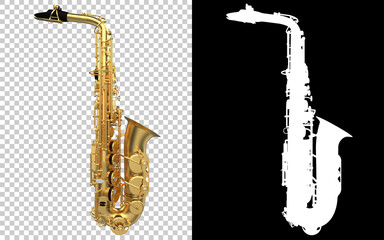Saxophone close-up scene isolated on background with mask. Ideal for large publications or printing. 3d rendering - illustration - obrazy, fototapety, plakaty