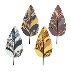Bright set of feathers in vector with colorful motifs and geometric shapes.