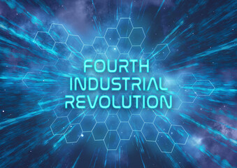 A futuristic "Fourth Industrial Revolution" typographical illustration that symbolizes the rapid progression in technology