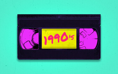 A vibrant and colorful retro synthwave 1990's themed old black VHS video tape illustration with distressed background and copy space