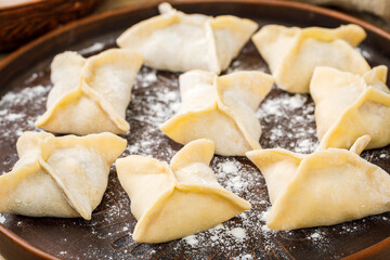 Cooking, cooking homemade ravioli, dumplings or meat dumplings on a wooden table. The view from the top