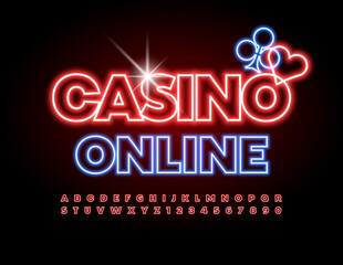 Fototapeta na wymiar Vector neon logo Casino Online. Red Glowing Font Illuminated Led Alphabet Letters and Numbers set